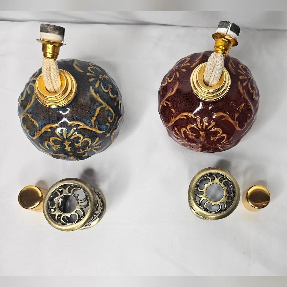 Vintage Ceramic Diffusers With Ornate Metal Scroll Lid Blue & Maroon